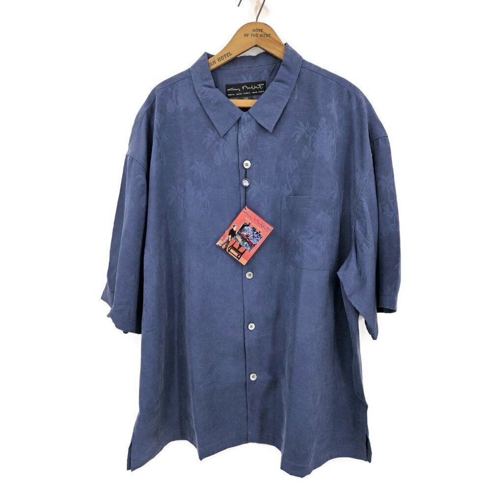 New Guy Buffet Silk Hawaiian Shirt Mens XXL Solid Tropical Blue Button Front